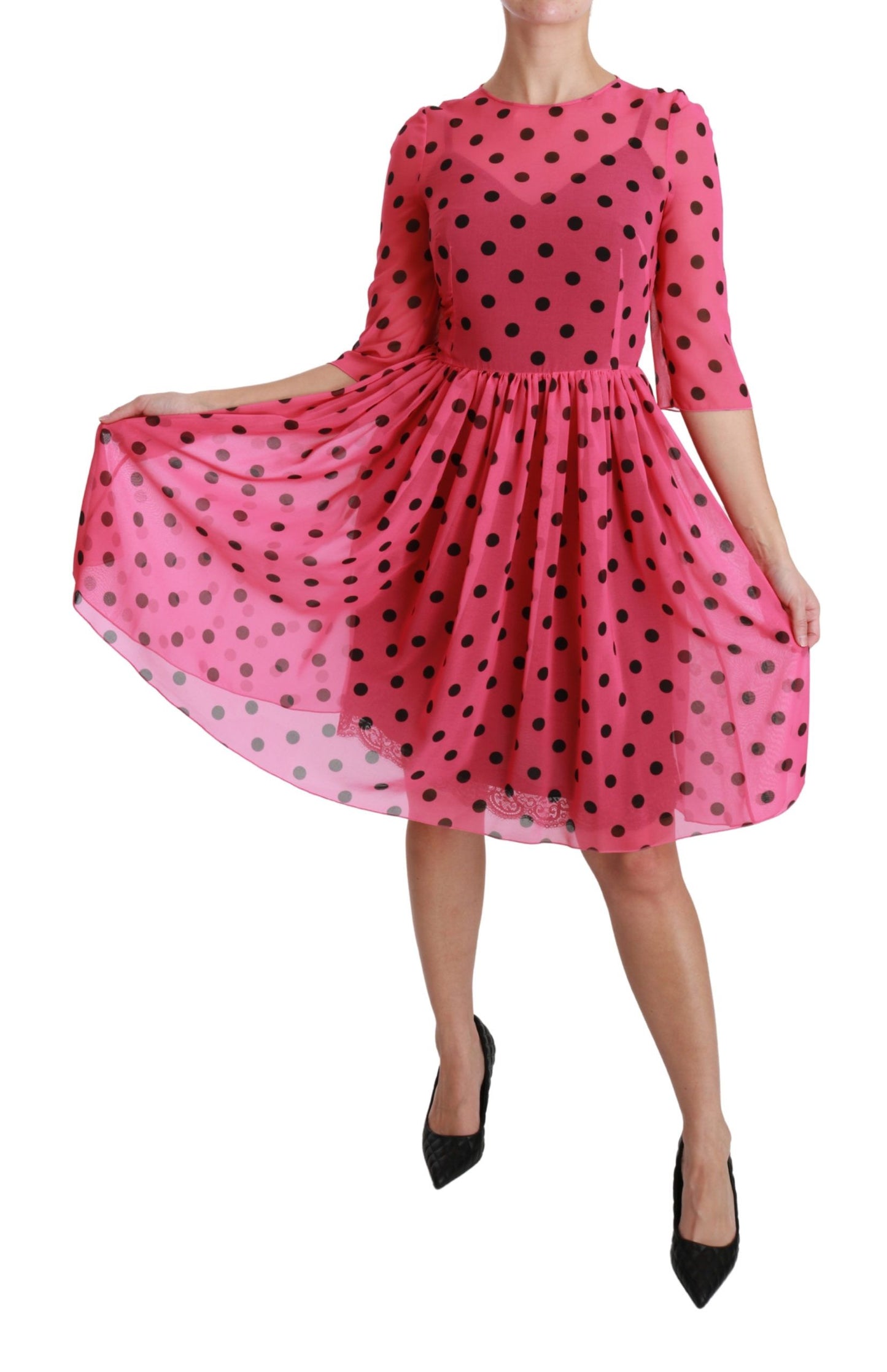 Robe trapèze rose à pois longueur genou