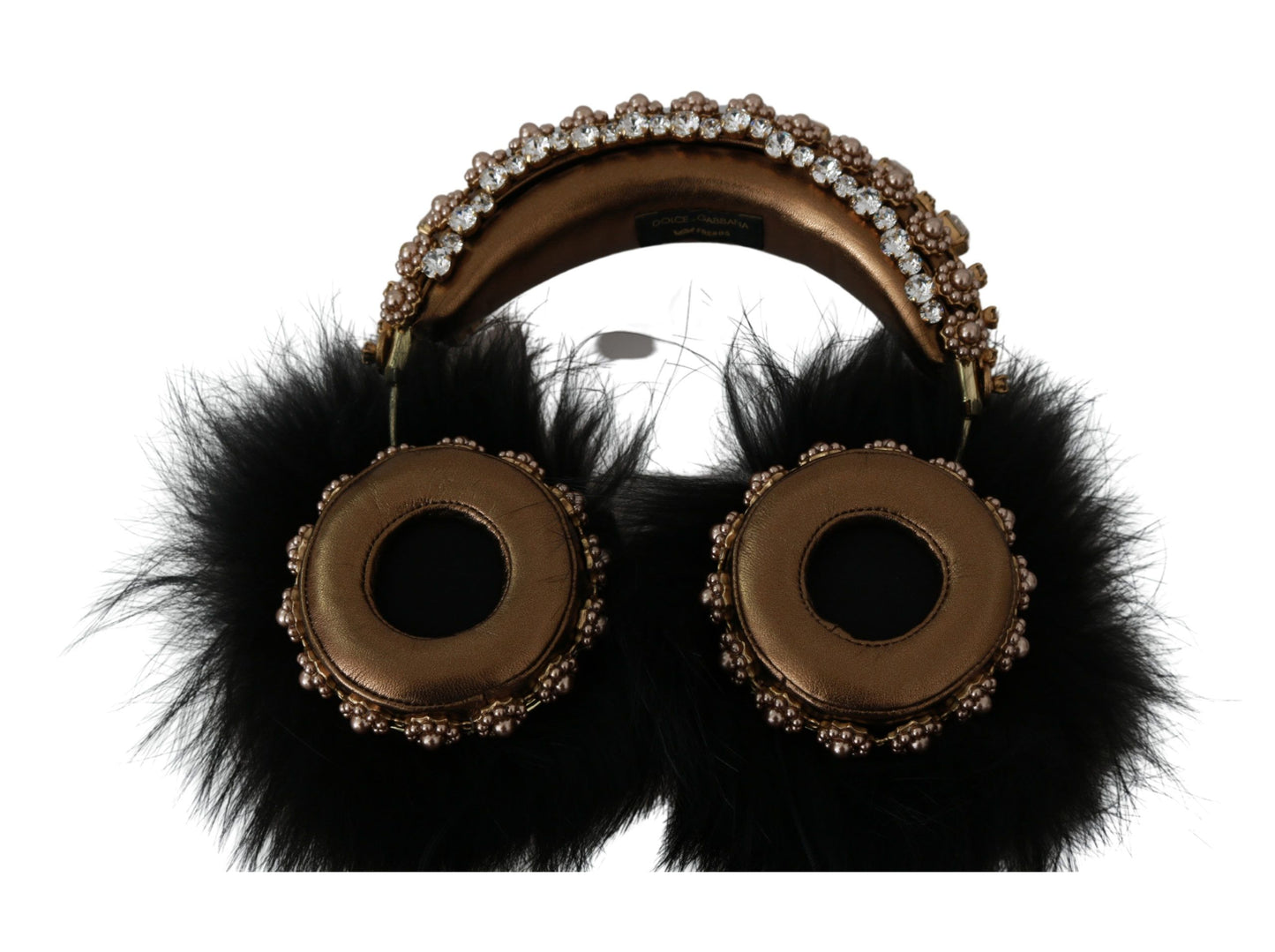 Cuffie audio con cuffia in pelliccia di cristallo nero oro