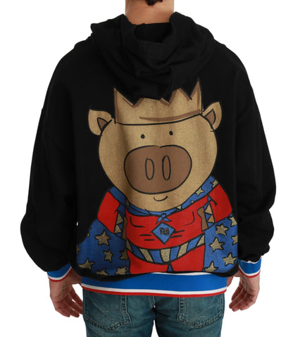 Pull Noir Cochon de l'Année à Capuche