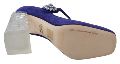 Scarpe con tacco in pelle scamosciata viola con décolleté in cristallo