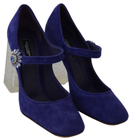 Scarpe con tacco in pelle scamosciata viola con décolleté in cristallo