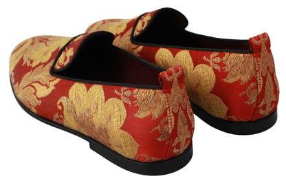 Chaussures de mocassins de pantoufles de brocart d'or rouge