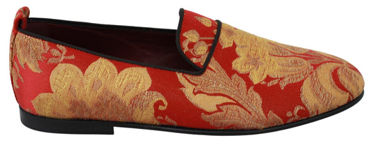 Chaussures de mocassins de pantoufles de brocart d'or rouge