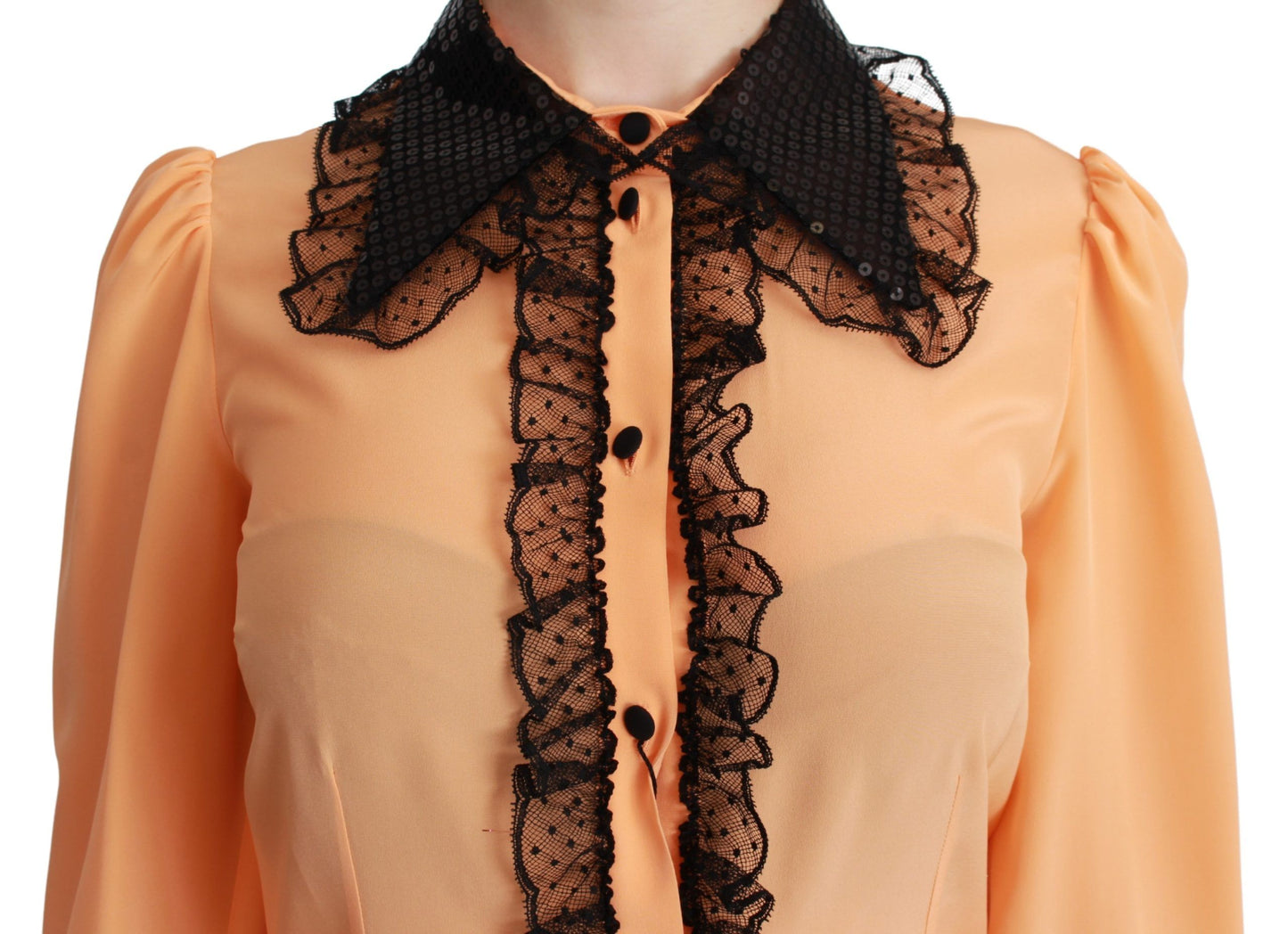 Camicia in camicetta di pizzo con paillettes di seta gialla