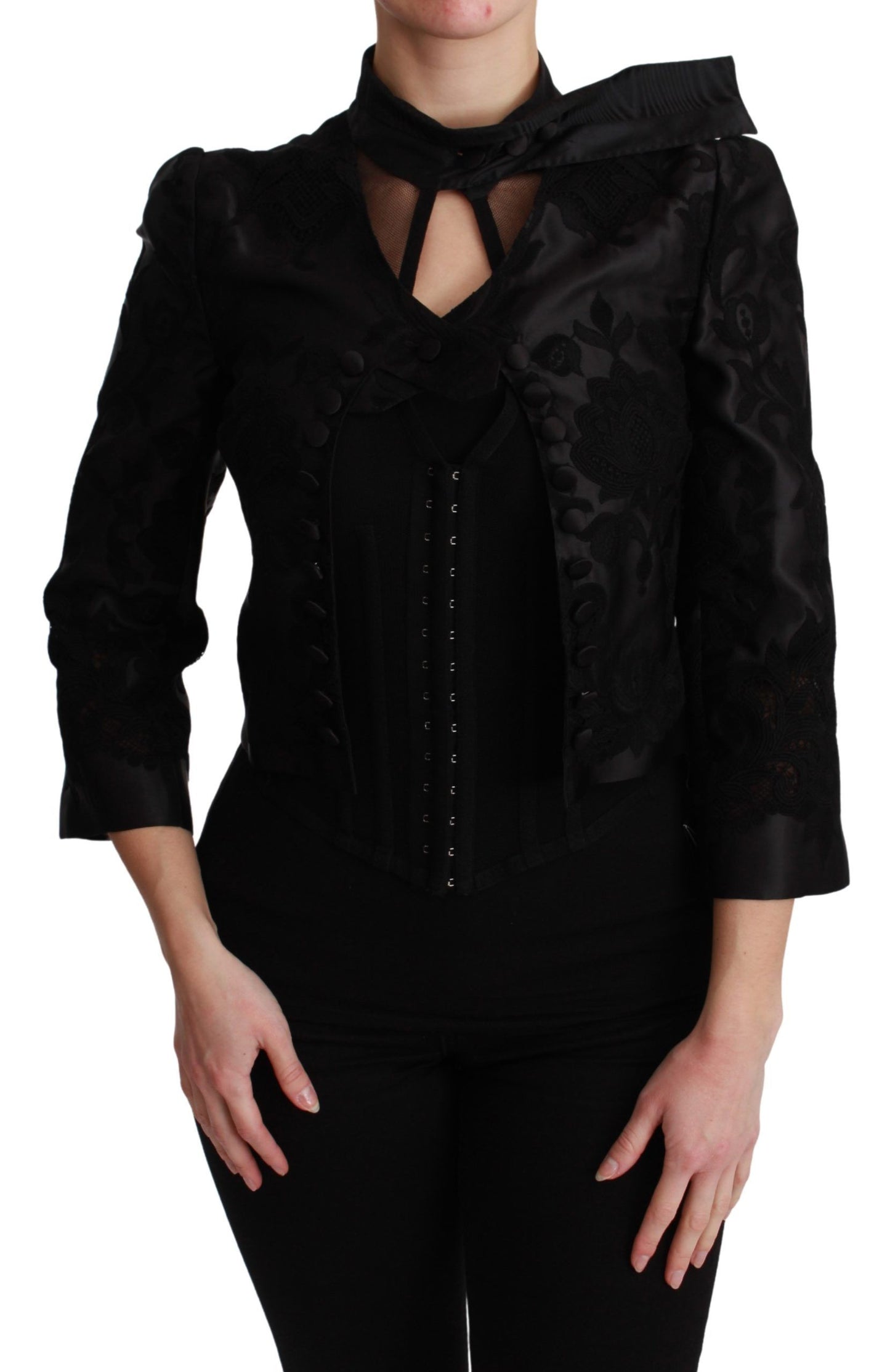 Veste en soie blazer jacquard fleuri noir