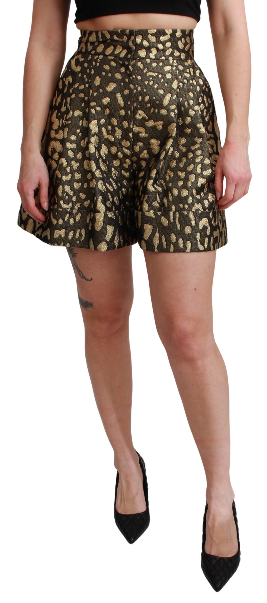 Schwarzgoldene Mini-Baumwollshorts mit hoher Taille