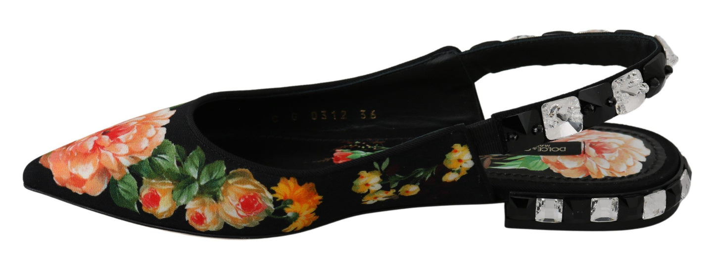 Schwarze, florale Kristall-Slingback-Schuhe