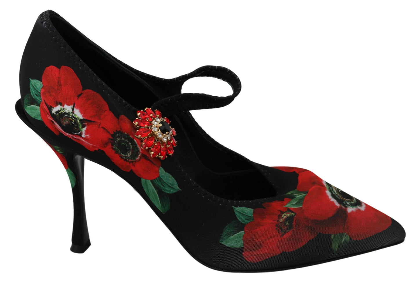 Schwarz-rote Mary-Jane-Pumps mit Blumenmuster