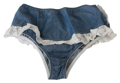 Intimo inferiore in denim con slip in pizzo di cotone blu