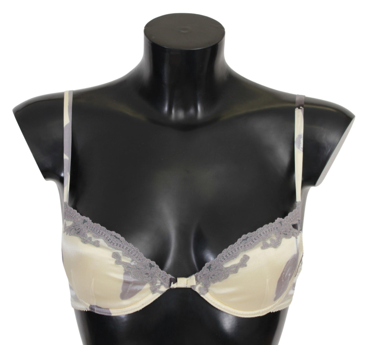 Intimo di seta con reggiseno push up in pizzo grigio beige