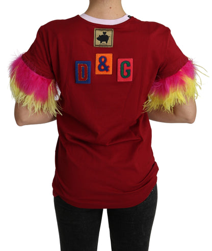 Haut T-shirt à manches plumes imprimé cochon rouge