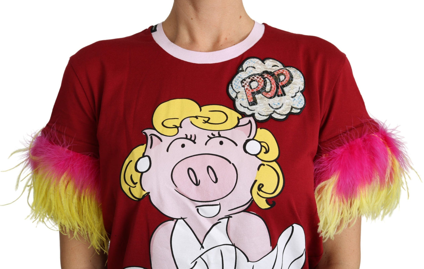 Haut T-shirt à manches plumes imprimé cochon rouge