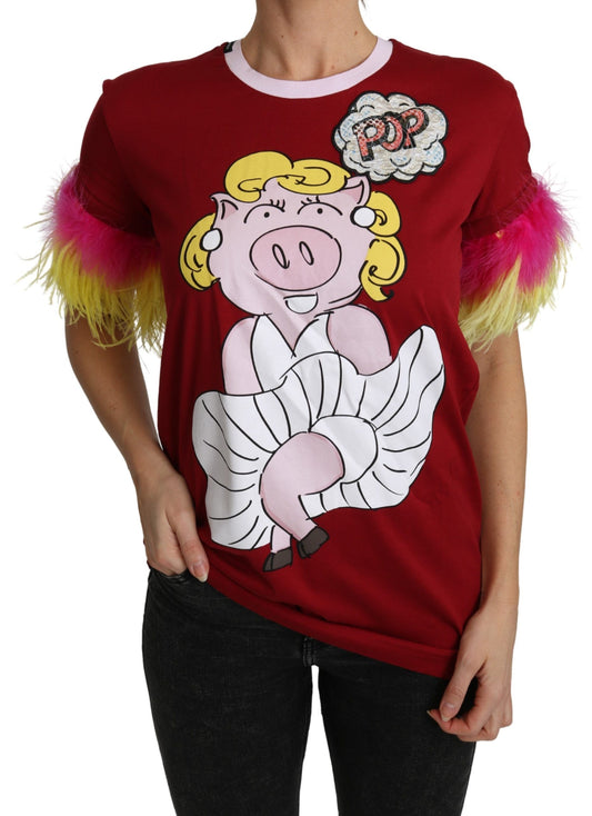 Haut T-shirt à manches plumes imprimé cochon rouge