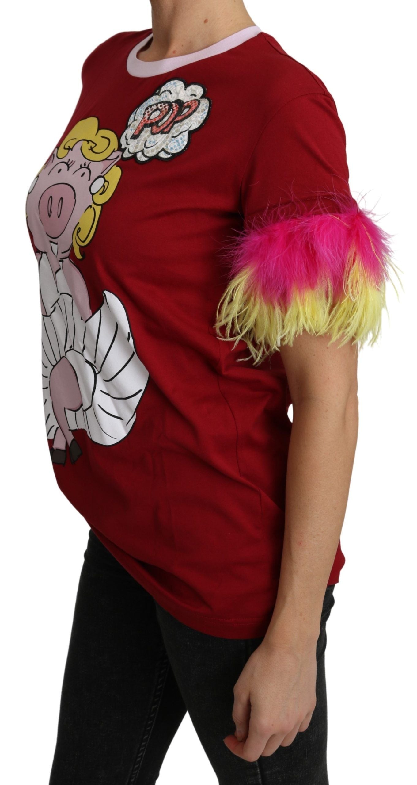 Haut T-shirt à manches plumes imprimé cochon rouge