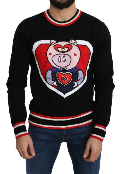 Schwarzer Kaschmir-Pullover „Schwein des Jahres“.