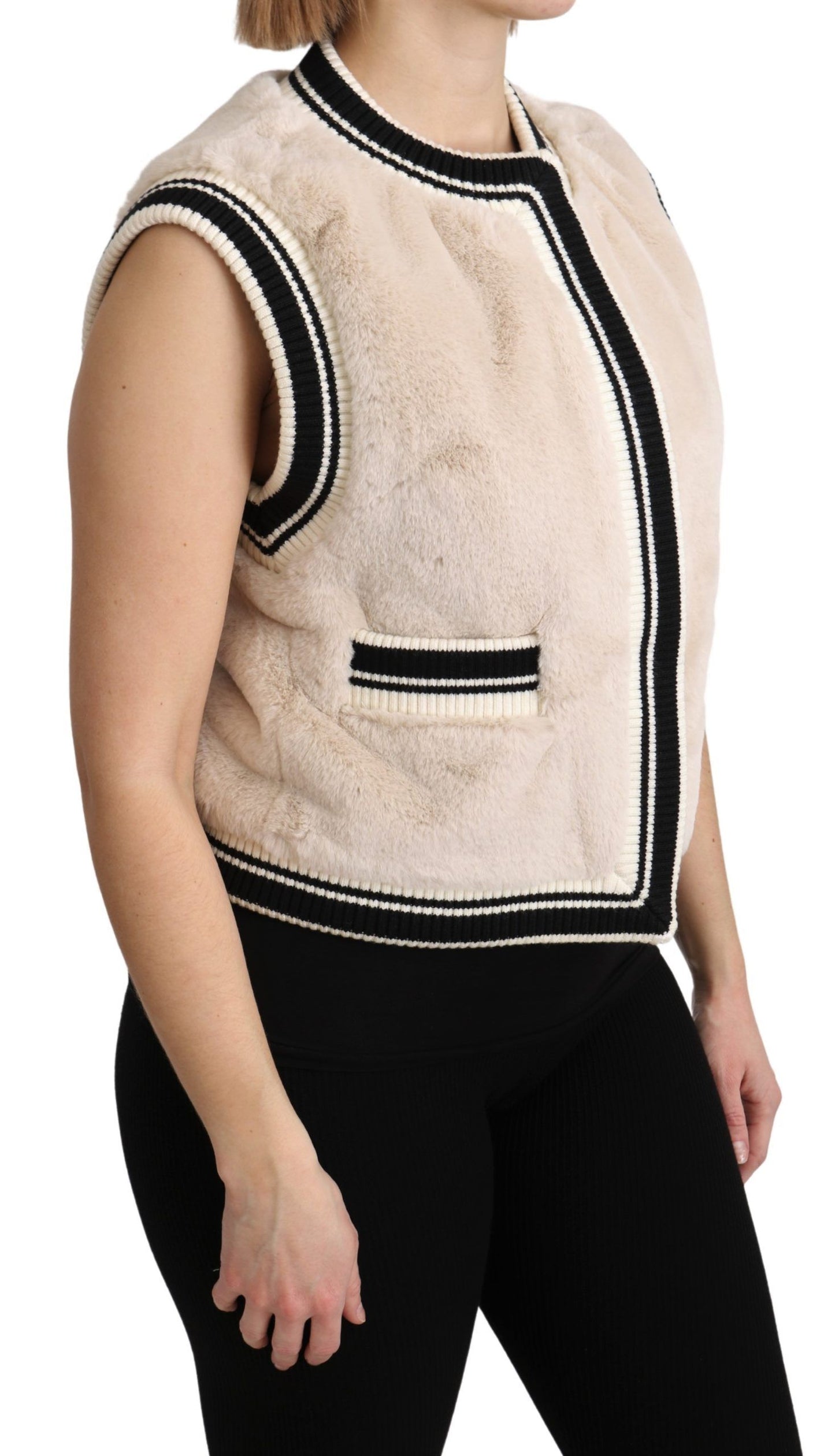 Top in poliestere con gilet senza maniche in pelliccia beige