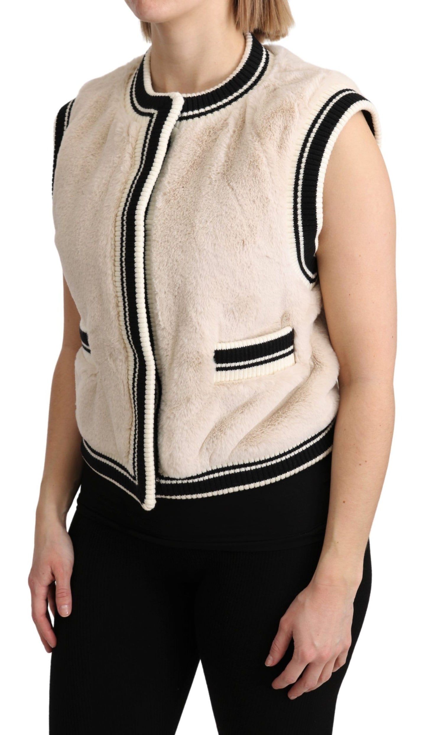 Top in poliestere con gilet senza maniche in pelliccia beige