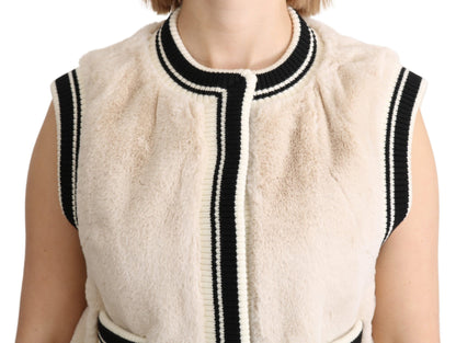 Top in poliestere con gilet senza maniche in pelliccia beige