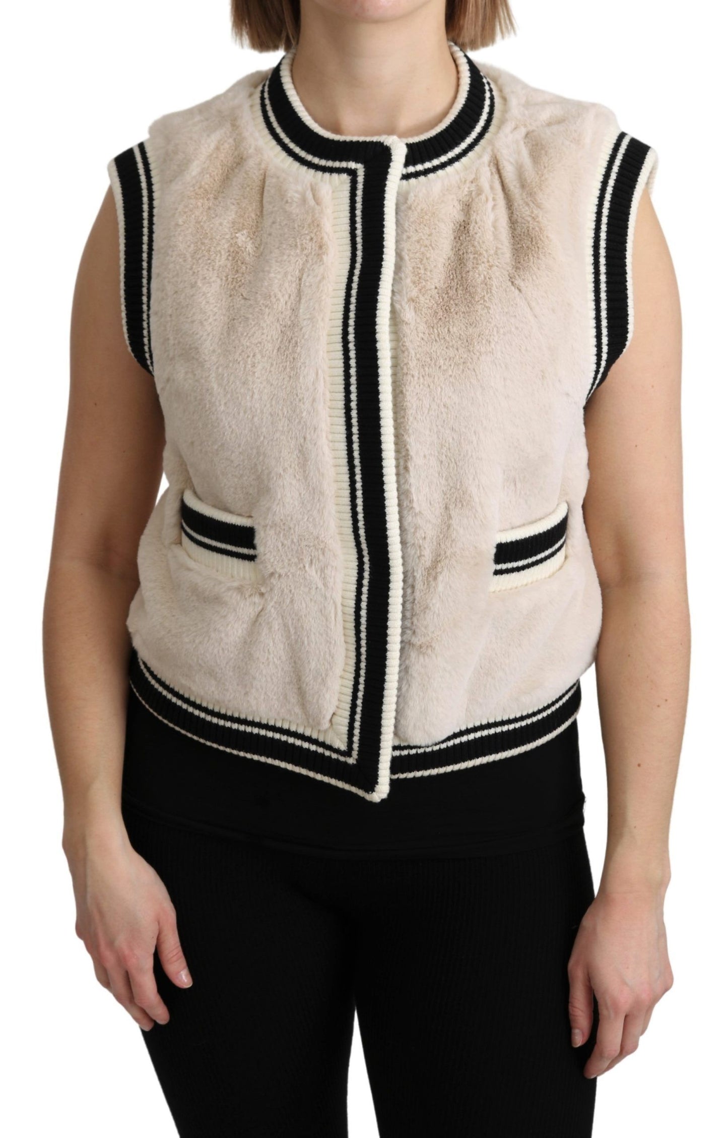 Top in poliestere con gilet senza maniche in pelliccia beige