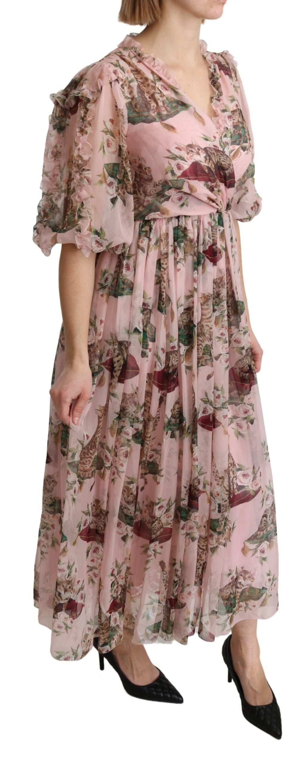 Rosa A-Linien-Maxi-Seidenkleid mit Bengalkatzen-Print