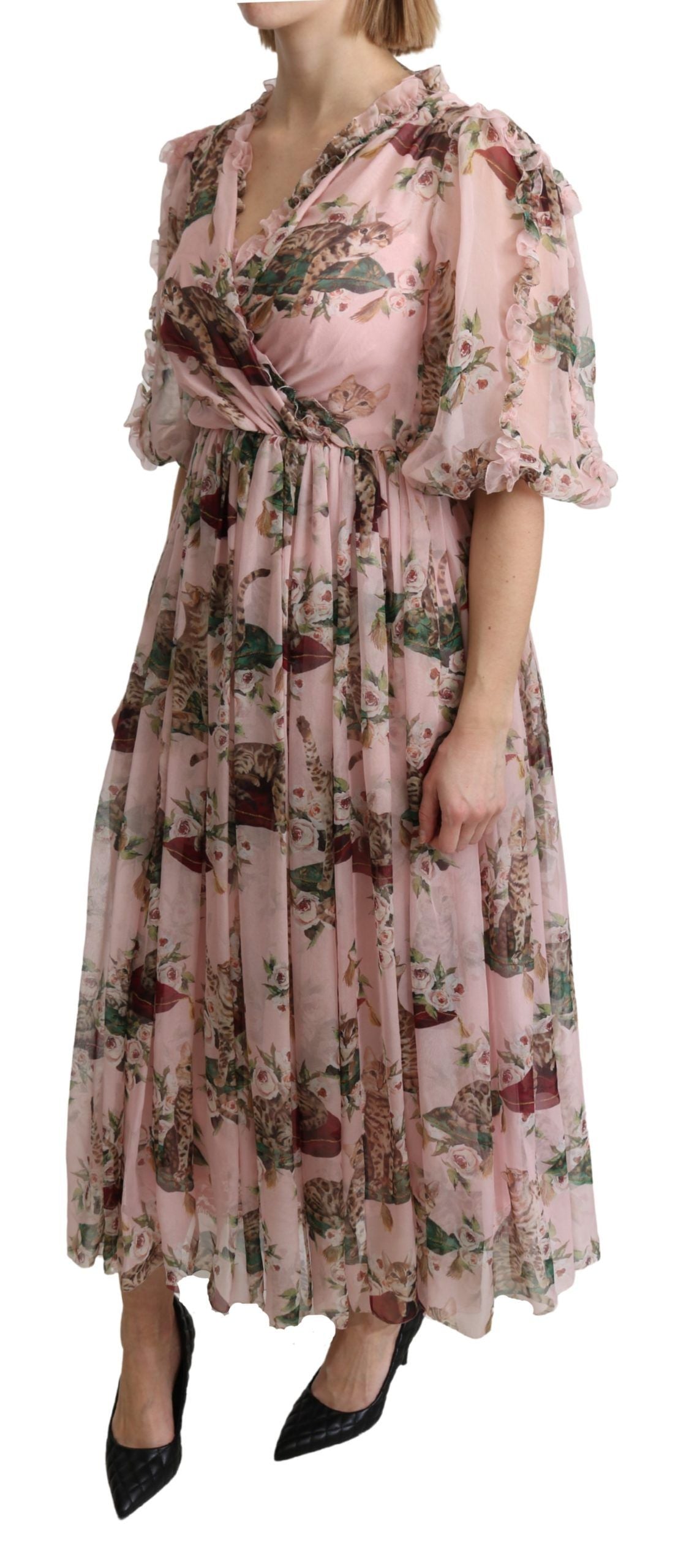 Rosa A-Linien-Maxi-Seidenkleid mit Bengalkatzen-Print