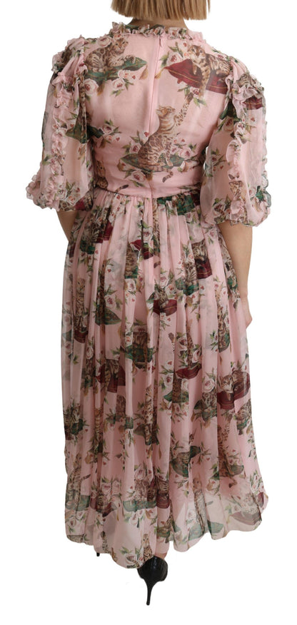 Rosa A-Linien-Maxi-Seidenkleid mit Bengalkatzen-Print