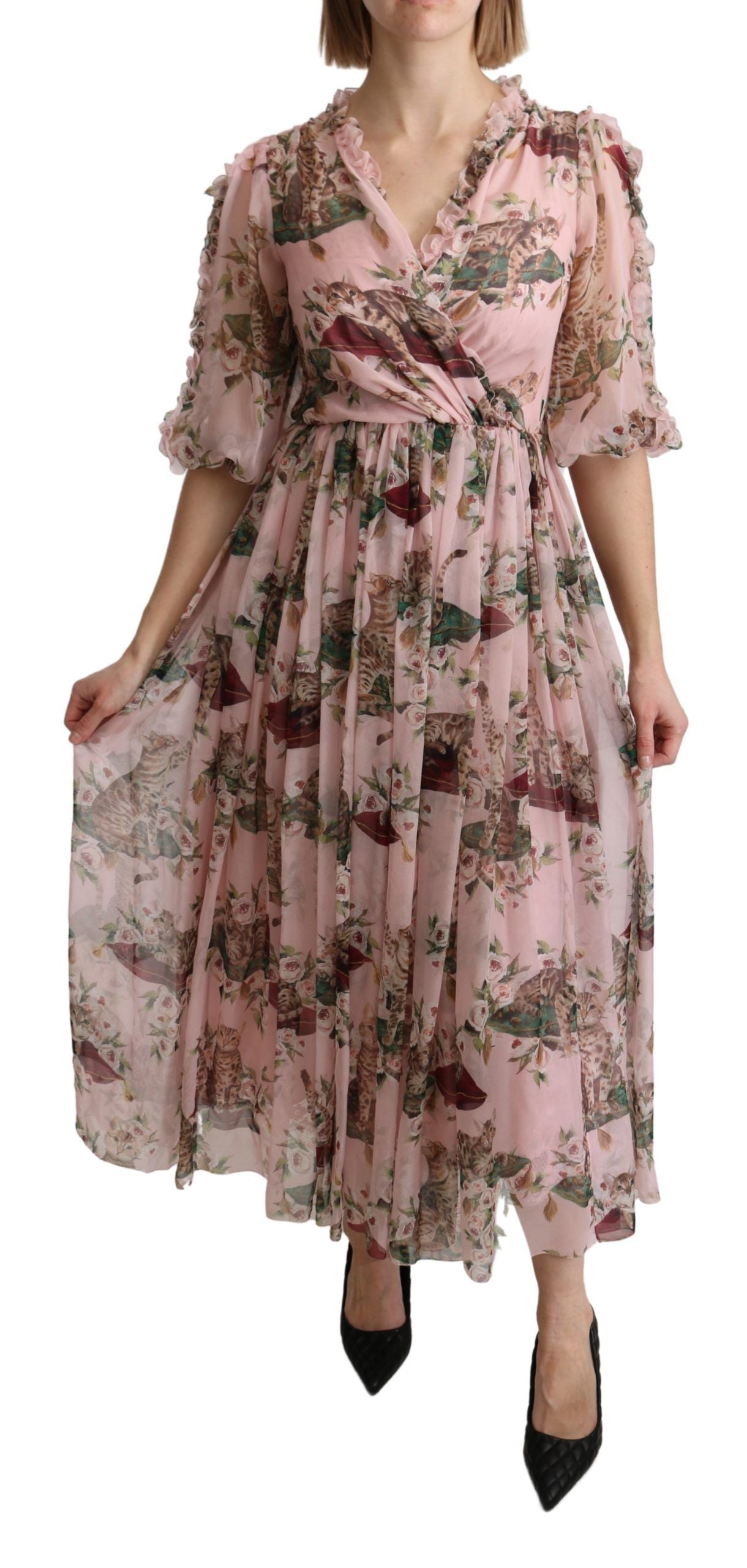 Rosa A-Linien-Maxi-Seidenkleid mit Bengalkatzen-Print