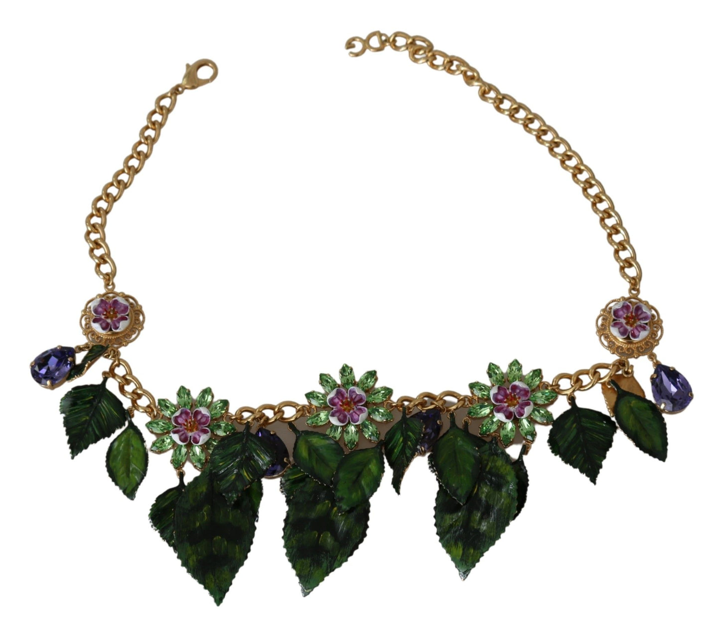 Collier pendentif fleur en cristal de laiton doré à feuilles vertes