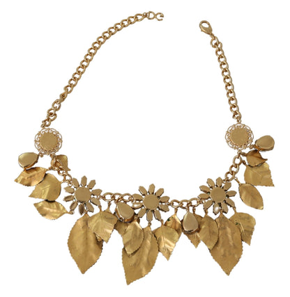 Collier pendentif fleur en cristal de laiton doré à feuilles vertes