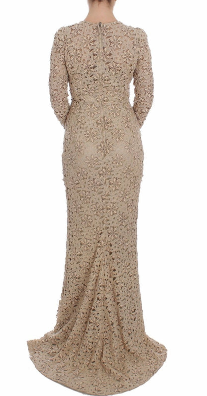 Robe longue fourreau beige en dentelle florale