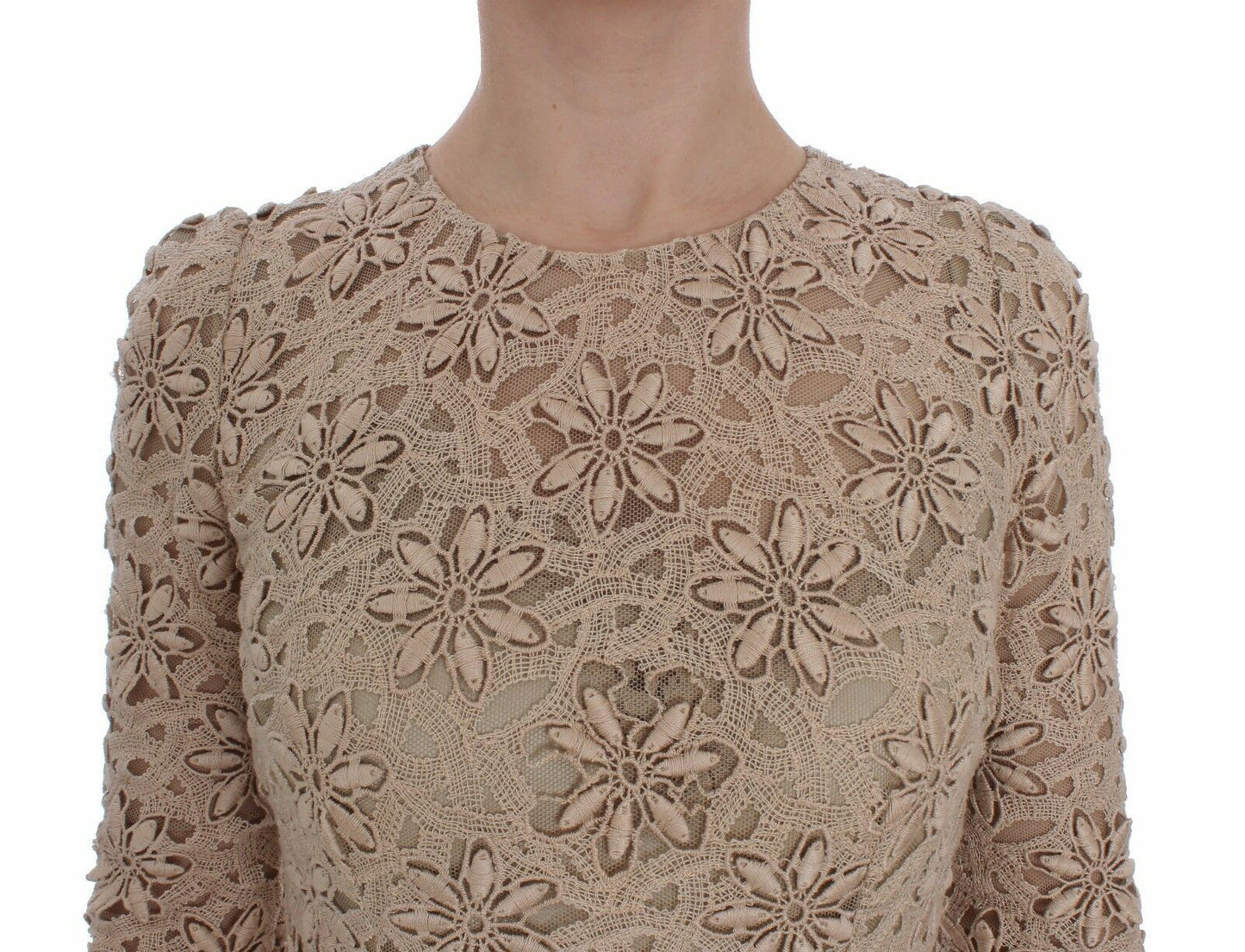 Abito lungo tubino in pizzo floreale beige