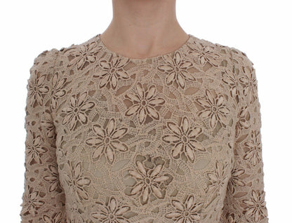 Abito lungo tubino in pizzo floreale beige