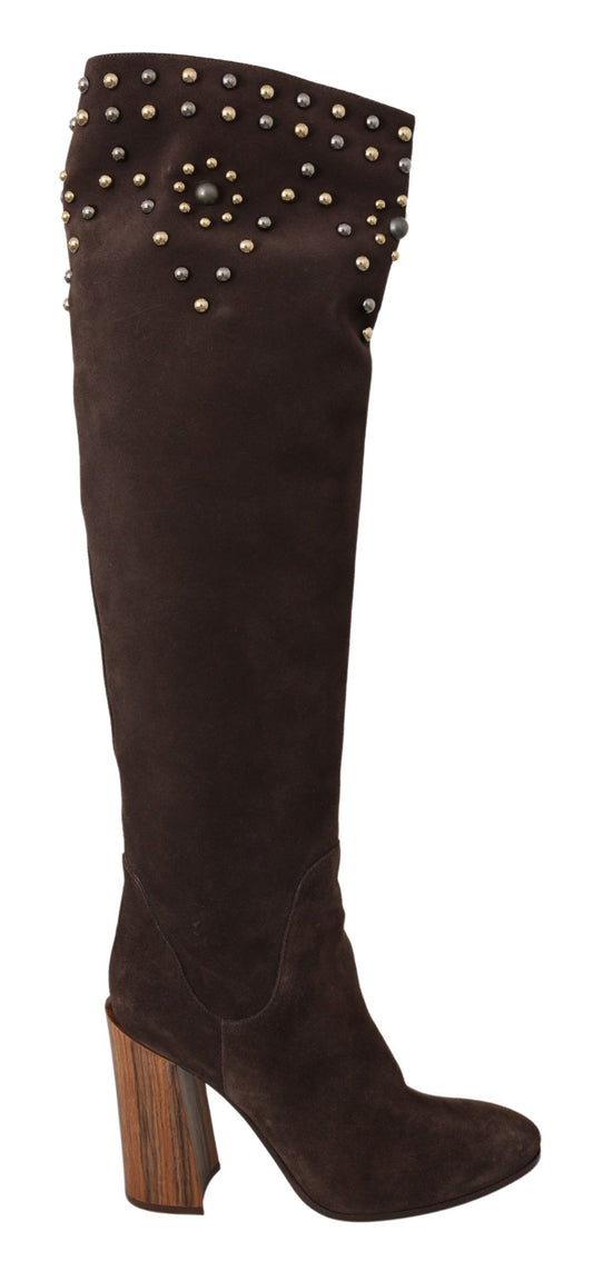 Studded Suede Knee High Boots in Brown