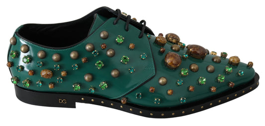 Scarpe broque in pelle verde con cristalli