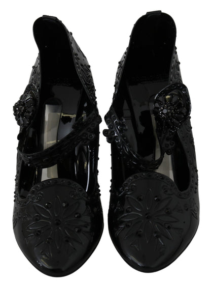 Schwarze CINDERELLA-Absatzschuhe mit Blumenmuster und Kristallen