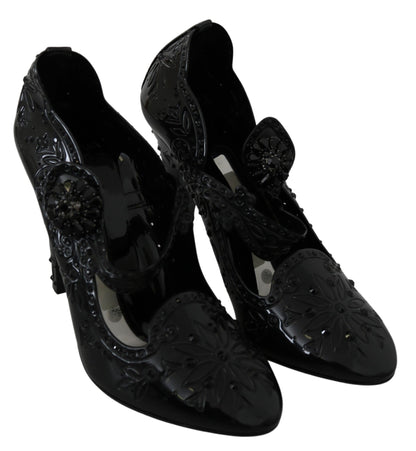 Schwarze CINDERELLA-Absatzschuhe mit Blumenmuster und Kristallen