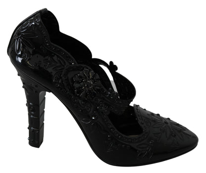 Schwarze CINDERELLA-Absatzschuhe mit Blumenmuster und Kristallen