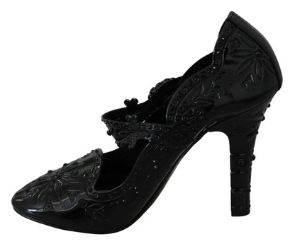 Schwarze CINDERELLA-Absatzschuhe mit Blumenmuster und Kristallen