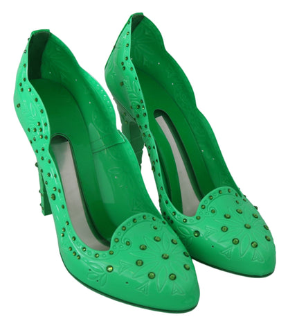 Scarpe con tacco CINDERELLA floreali in cristallo verde