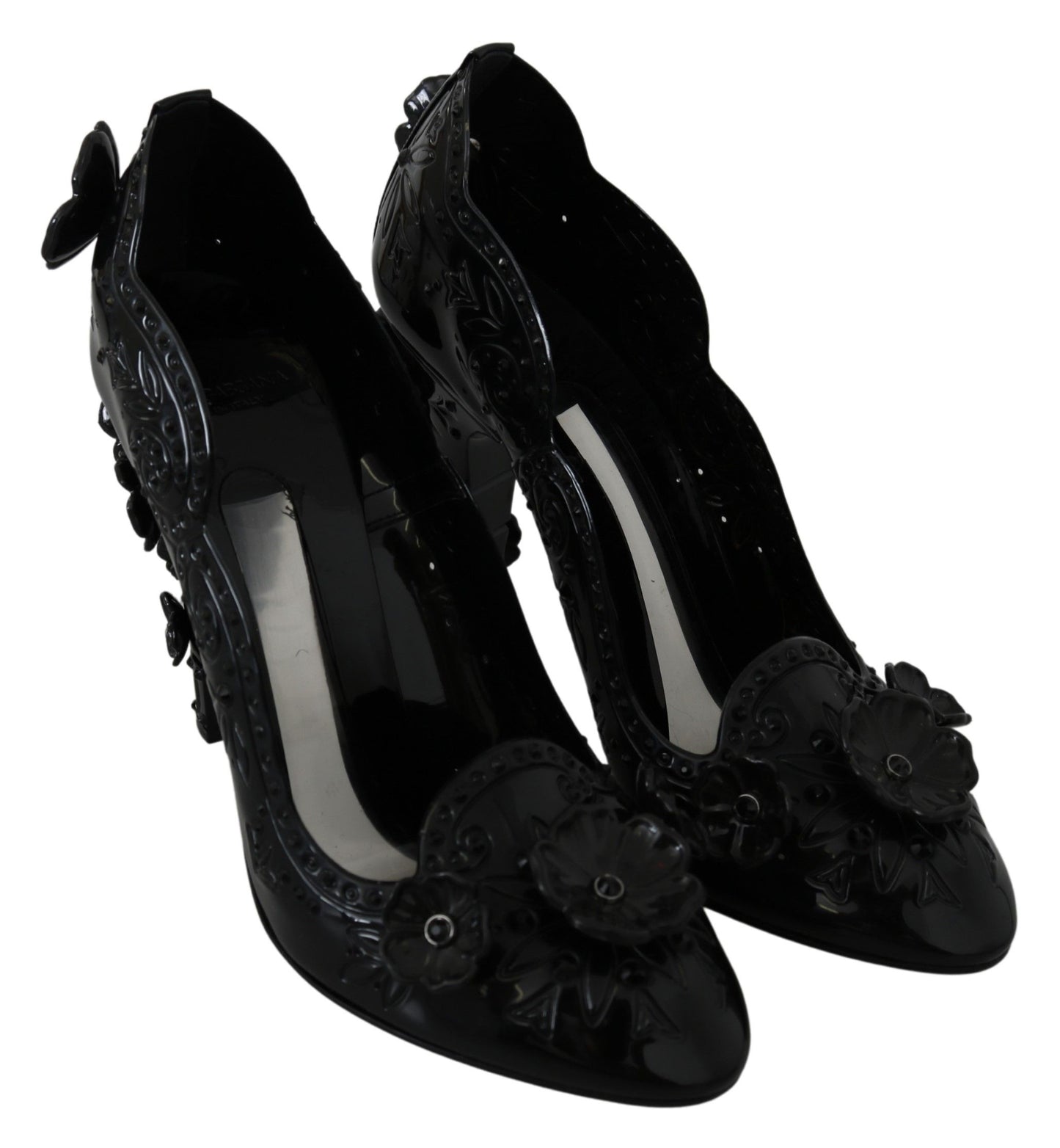 Schwarze CINDERELLA-Absatzschuhe mit Blumenmuster und Kristallen