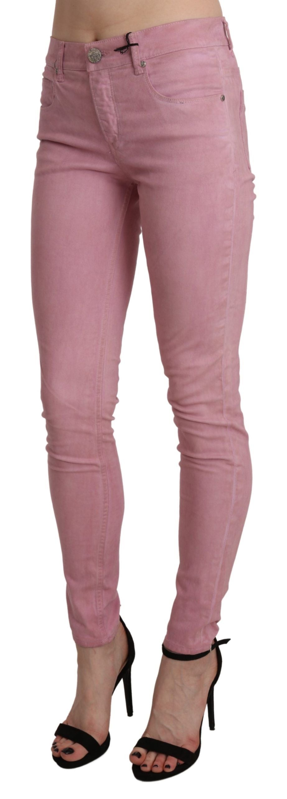 Pantaloni skinny in denim elasticizzato rosa a vita media