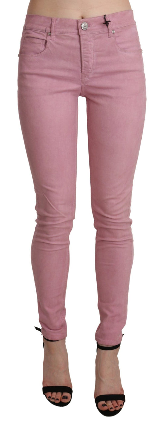 Pantaloni skinny in denim elasticizzato rosa a vita media