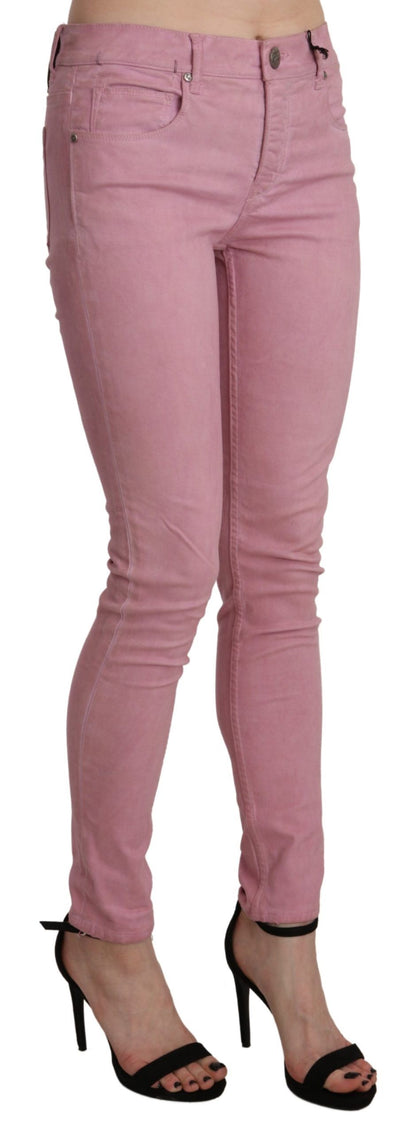 Pantaloni skinny in denim elasticizzato rosa a vita media