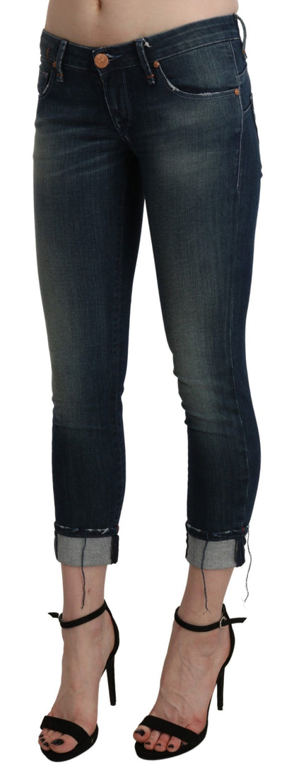 Pantalon en denim court skinny taille basse bleu délavé