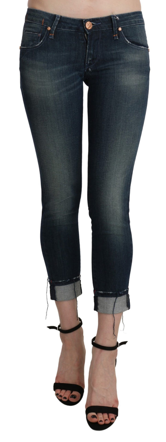 Pantalon en denim court skinny taille basse bleu délavé