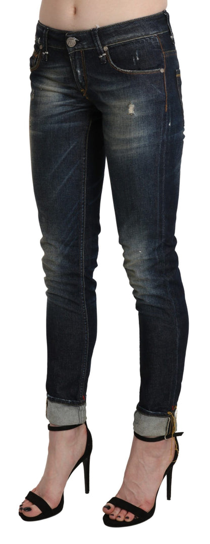 Pantalon en denim court skinny taille basse bleu délavé