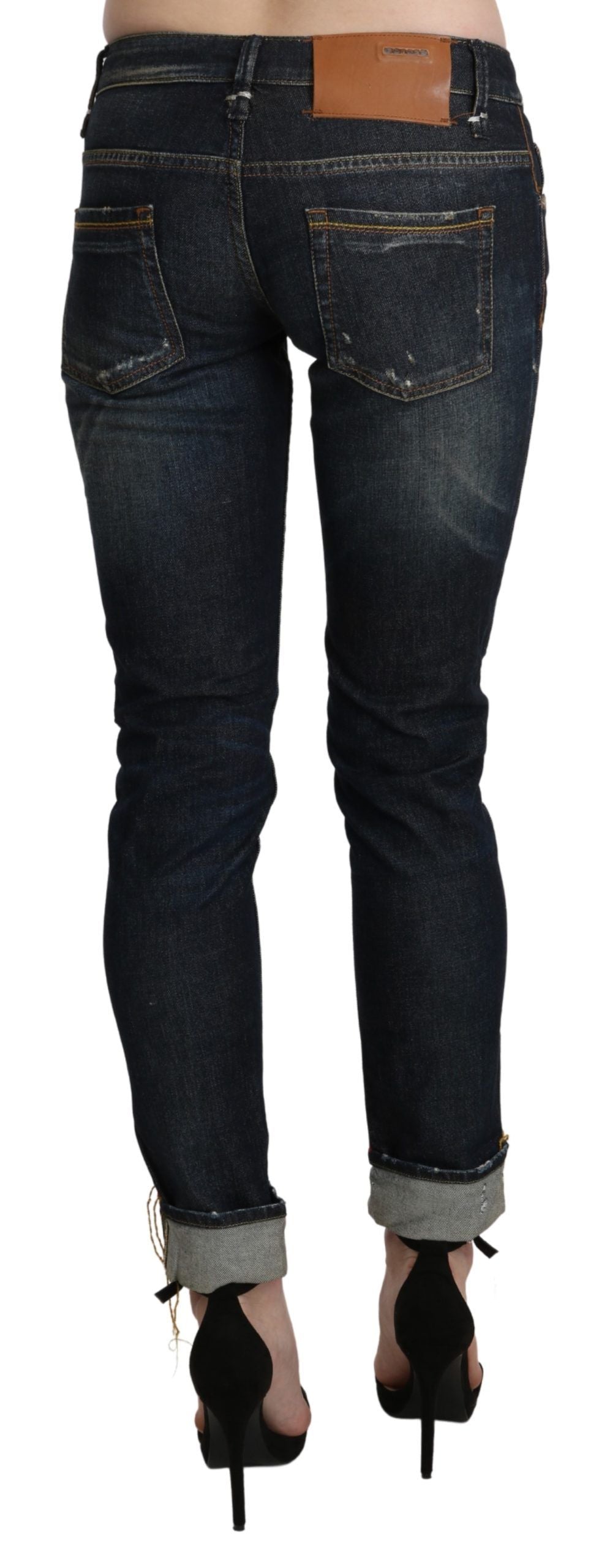 Pantalon en denim court skinny taille basse bleu délavé