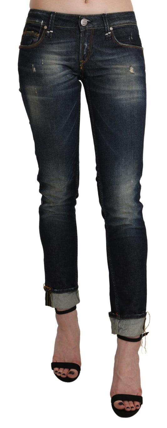 Pantalon en denim court skinny taille basse bleu délavé