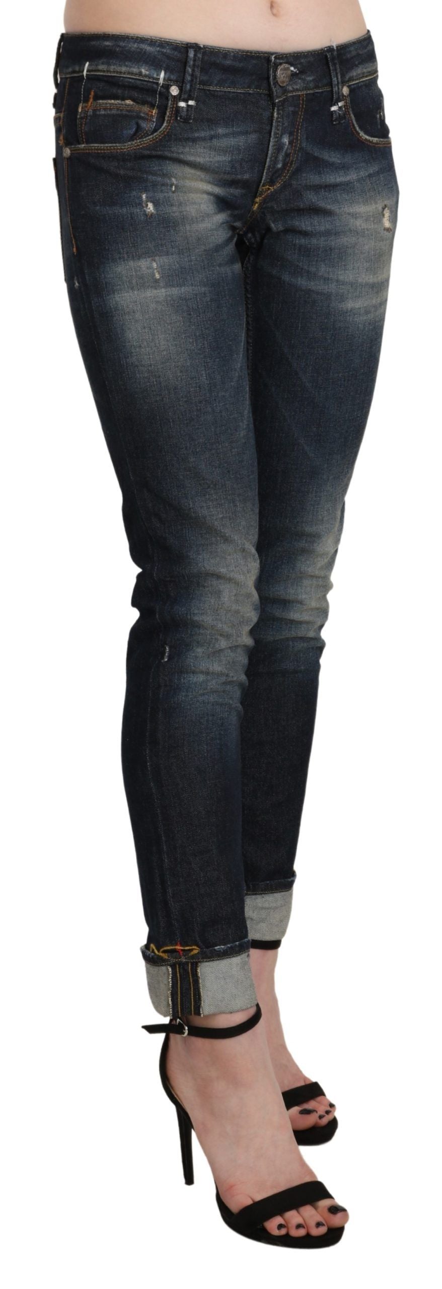 Pantalon en denim court skinny taille basse bleu délavé