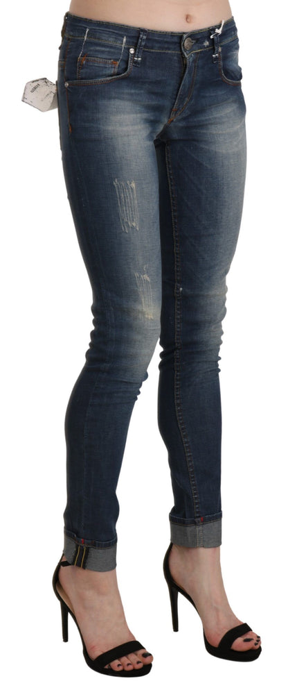 Pantalon court en denim skinny taille basse bleu délavé